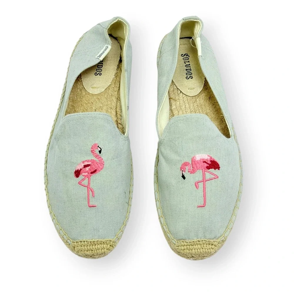 Soludos Flamingo Platform Espadrille Slip Ln Shoes Sz 8.5 Embroidered Summer